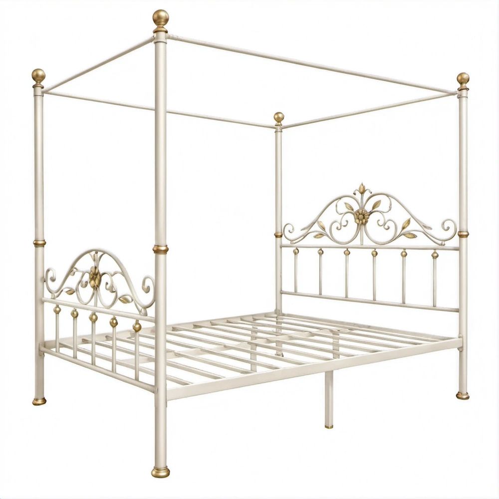 Himmelbett aus Stahl 160 x 200 cm Cremeweiss/Goldfarben