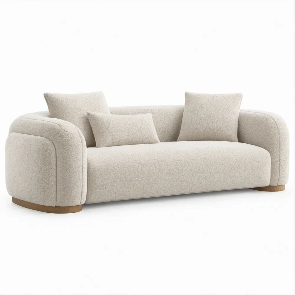 3-Sitzer-Sofa in Creme mit braunem Holzsockel, 230 × 100 × 78 cm