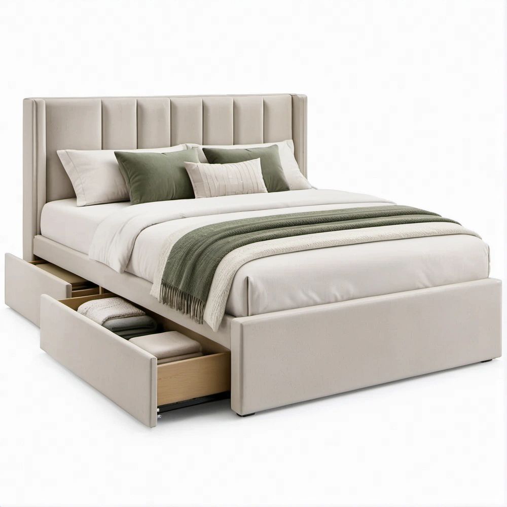 Doppelbett mit Stauraum und 2 Schubladen, Beige, Liegefläche 160 x 200 cm