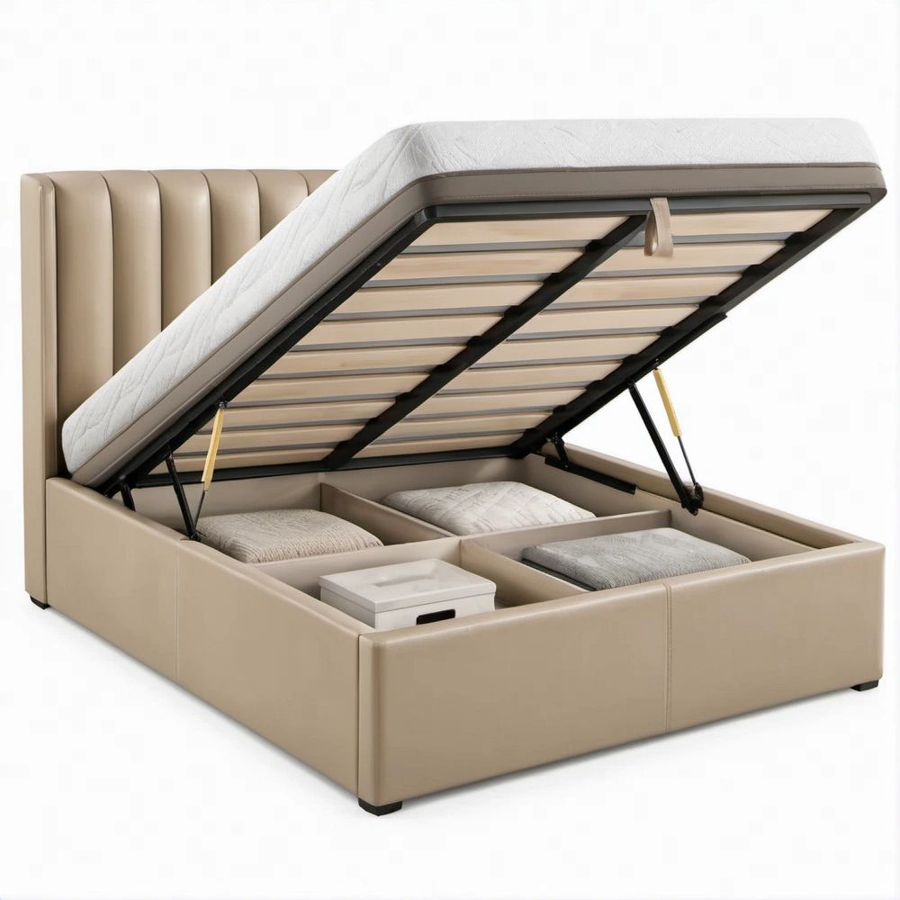 Doppelbett mit Stauraum, Gasdruckfedern und Kunstlederbezug Beige, 160 x 200 cm