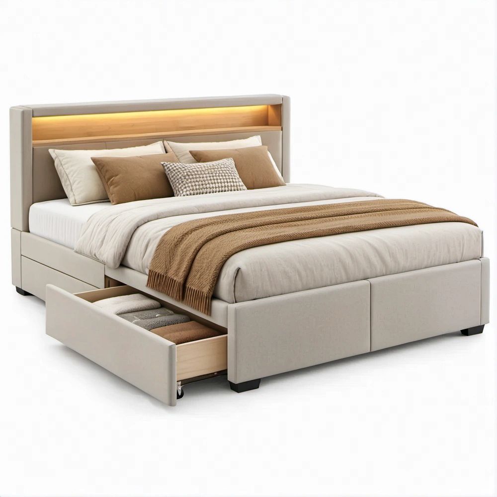 Stauraumbett 180 x 200 cm in Beige mit LED-Kopfteil und 2 Schubladen