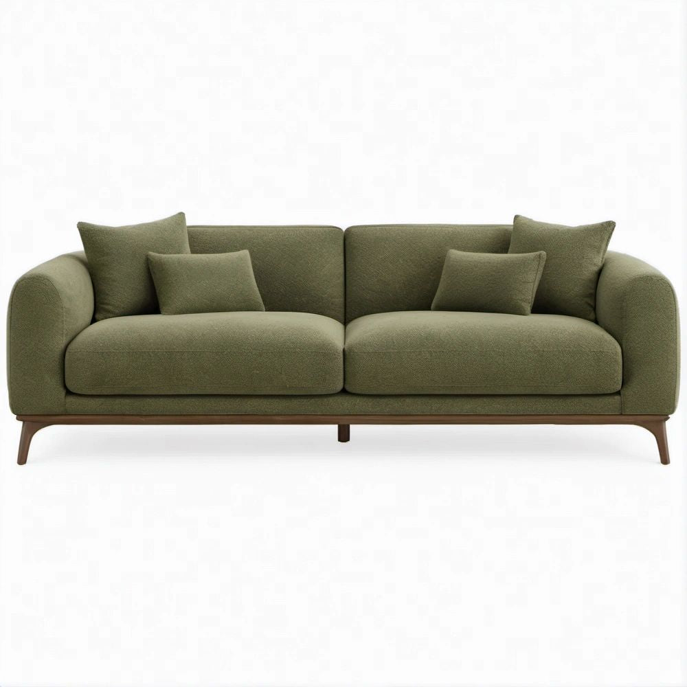 2-Sitzer Sofa in Olivgrün mit dunkelbraunem Holzgestell, 220 × 95 × 85 cm