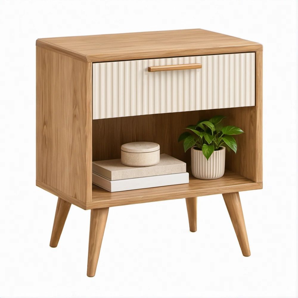 Nachttisch aus MDF mit Schublade und offenem Fach, Natur/Weiss, 45 x 35 x 60 cm